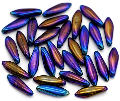 10-Gram 16x5mm Czech Pressed Glass Dagger Beads, Jet/Blue Iris