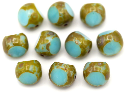 10pc 8mm Czech Fire-Polished Tri-Cut Window Beads, Sky Blue Swirl/Travertine