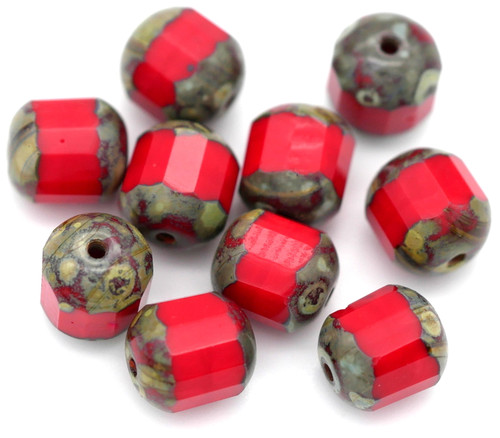 10pc 8mm Czech Fire-Polished Cathedral Tube Beads, Opaque Cherry Red/Travertine