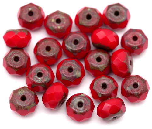 20pc 4x7mm Czech Fire-Polished Rondelle Beads, Opaque Cherry Red/Picasso