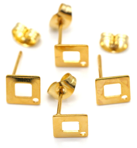 4pc 9.5mm Stainless Steel Square Earstuds w/Loop & Surgical Steel Posts, Gold (Earnuts Included)