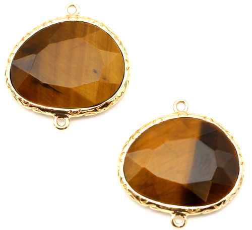 22x21mm Faceted Tigereye Asymmetric Oval Link, Gold