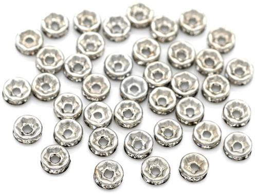 40pc 6x3mm Brass Rhinestone Rondelle Spacer Beads, Platinum/Crystal