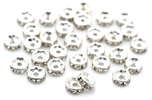 30pc 8x3.5mm Brass Rhinestone Rondelle Spacer Beads, Silver/Crystal
