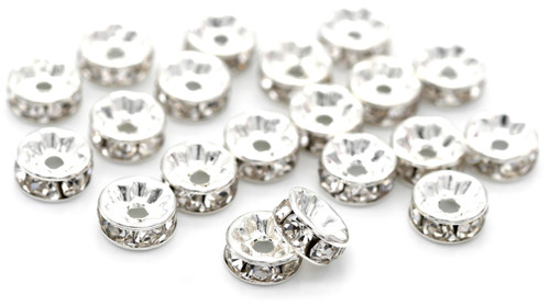 20pc 8x3.8mm Brass Rhinestone Rondelle Spacer Beads, Silver/Crystal