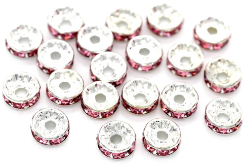 20pc 8x3.8mm Brass Rhinestone Rondelle Spacer Beads, Silver/Light Rose