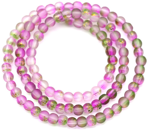 Approx. 13.5" Strand 4mm Glass Round Beads, Green/Magenta/Gold Accent