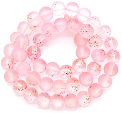 Approx. 14.5" Strand 6mm Frosted Glass Round Beads, Clear w/Pink/Gold Accent