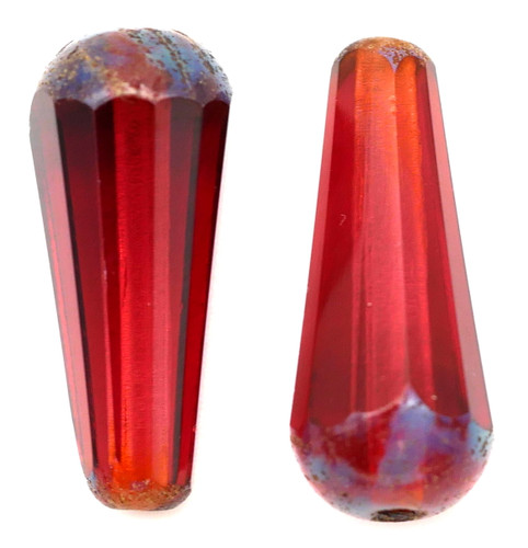 2pc 20x9mm Czech Fire-Polished Glass Faceted Drop Bead, Transparent Mulberry/Picasso