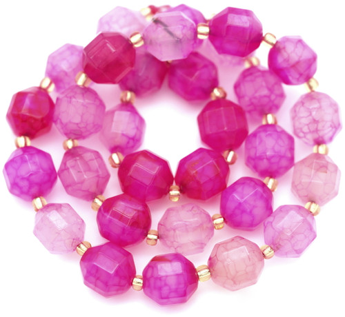 14.5" Strand 10x9mm Art Deco Cut Faceted Crackle Agate Beads (Dyed/Heated), Hot Pink