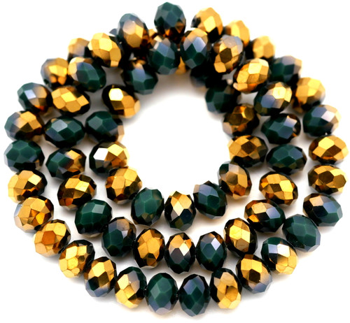 Approx. 16" Strand 8x6mm Crystal Faceted Rondelle Beads, Dark Green/Gold