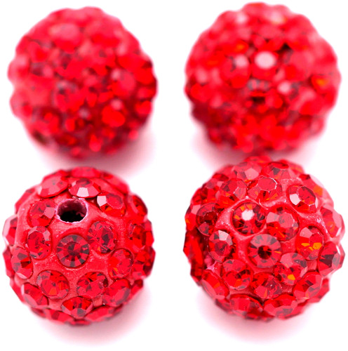 4pc 10mm Rhinestone Round Beads, Ruby Red