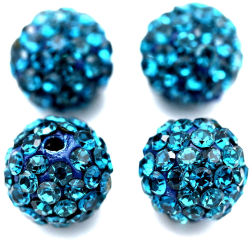 4pc 10mm Rhinestone Round Beads, Blue Zircon