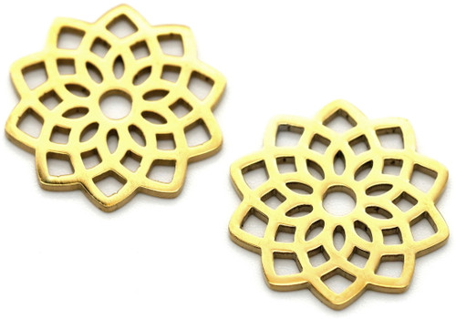 2pc 16.5mm Stainless Steel Laser-Cut Flower Charms/Links, Gold