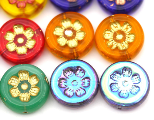 CZECH SECONDS SALE: 2pc 16mm Czech Pressed Glass Coin w/Flower Beads (Random Colors, Slightly Imperfect))