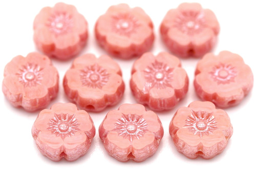 10pc 8mm Czech Table-Cut Glass Hawaiian Flower Beads, Varied Pink/Luster