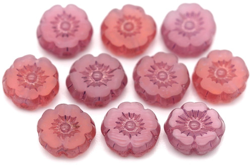 10pc 8mm Czech Table-Cut Glass Hawaiian Flower Beads, Varied Dark Pink Opal/Lila Bronze