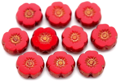 10pc 8mm Czech Table-Cut Glass Hawaiian Flower Beads, Opaque Cherry Red/Lila Bronze