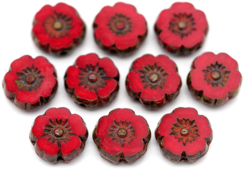 10pc 8mm Czech Table-Cut Glass Hawaiian Flower Beads, Opaque Varied Coral/Copper Picasso