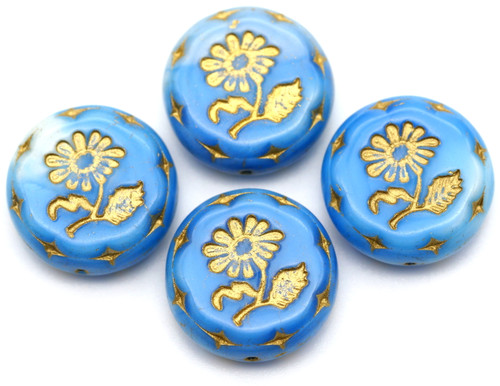 22mm Czech Pressed Glass Flower Coin Bead, Royal Blue Silk Swirl/Gold Wash (See Photos for Variance)