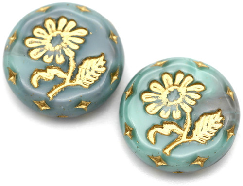 2pc 18mm Czech Pressed Glass Flower Coin Beads, Lavender-Sky Blue Silk Swirl/Gold Wash