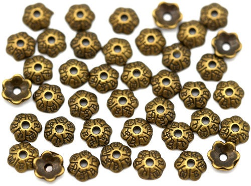 40pc 6mm Patterned 6-Petal Bead Caps, Antique Bronze