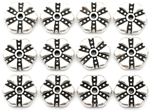 12pc 11x3mm 6-Petal Flower Rondelle Spacer Bead, Antique SIlver