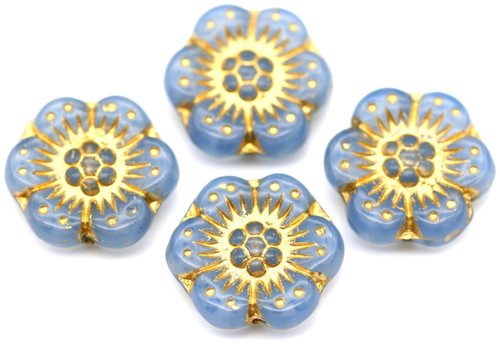 4pc 14mm Czech Pressed Glass Wild Rose Flower Beads, Ice Blue Opal/Gold Wash