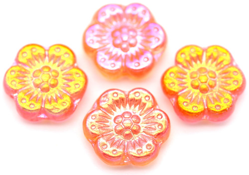 4pc 14mm Czech Pressed Glass Wild Rose Flower Beads, Crystal Peach AB