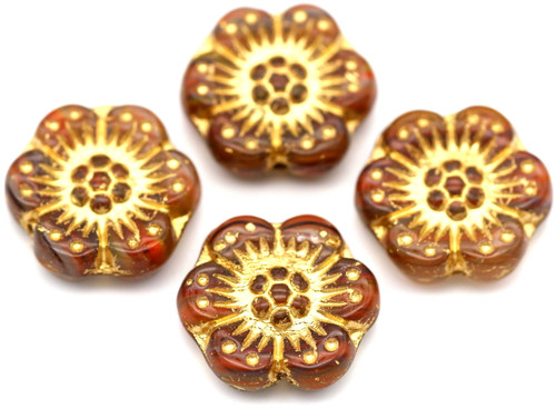 4pc 14mm Czech Pressed Glass Wild Rose Flower Beads, Striated Red-Brown/Gold Wash