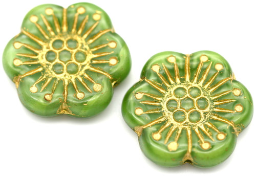 2pc 18mm Czech Pressed Glass Wild Rose Flower Beads, Olive Silk/Gold Wash