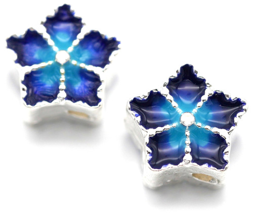 2pc 9.5mm Pewter & Enamel Cloisonné-Style Flower Beads, Silver/Blue Multi