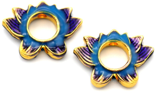 2pc 13x18mm Pewter & Enamel Cloisonné-Style Flower Bead Frames, Gold/Blue Multi