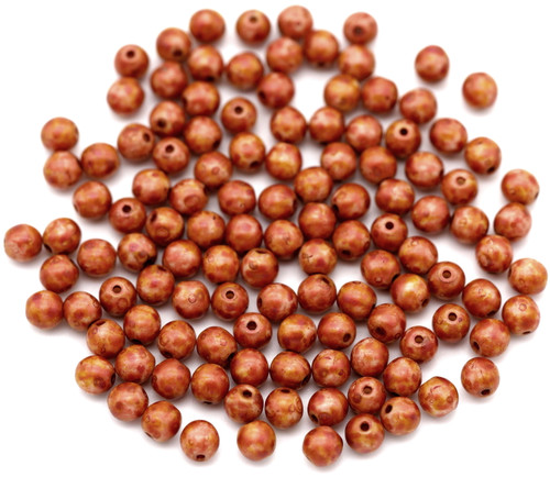 Approx. 10-Gram Bag of 4mm Czech Pressed Glass Druk Round Beads, Alabaster/Cinnamon Spice