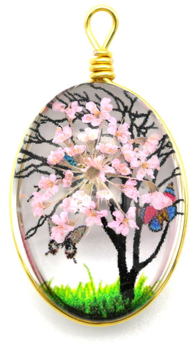 22x13mm Glass & Pressed Flower Oval Tree Pendant, Pink