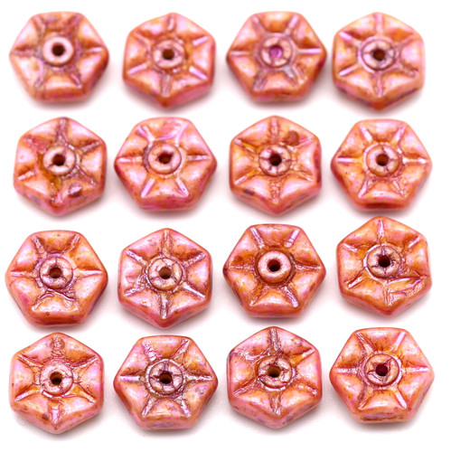 16pc 8x3mm Czech Pressed Glass Vintage Rondelle Beads, Alabaster/Ginger Pink Spice