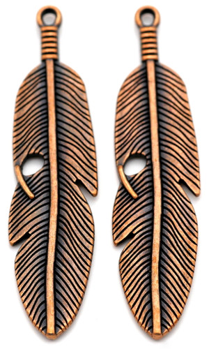 2pc 61x14mm Feather Pendants, Antique Copper