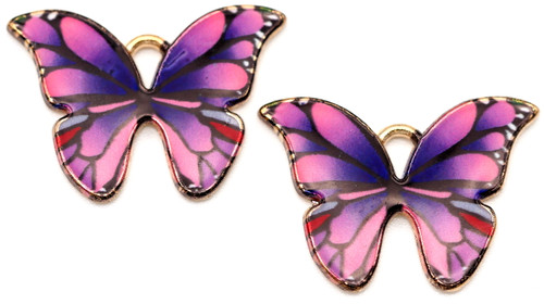 2pc 15x22mm Enameled Butterfly Pendants, Purple/Gold