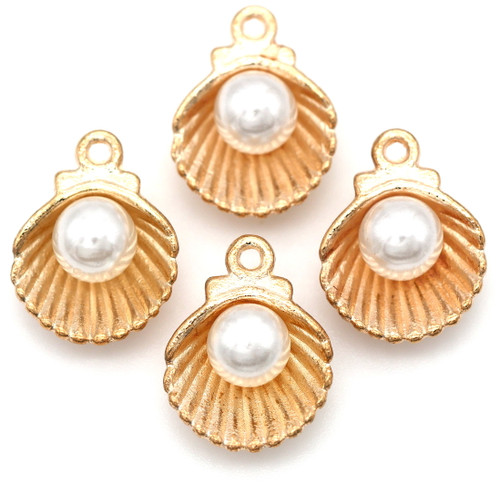 4pc 15x11mm Scallop Shell & Faux Pearl Charms, Light Gold