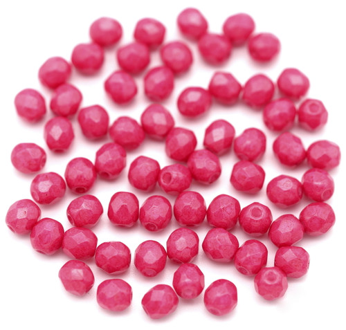 5-Gram Bag (Approx. 50+ Pcs) 4mm Czech Fire-Polished Faceted Round Beads, Chalk White/Vivid Strawberry