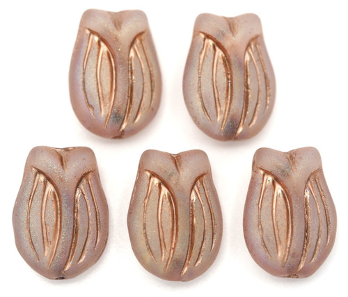 5pc 16x1mm Czech Pressed Glass Tulip Beads, Matte Crystal AB/Champagne Wash