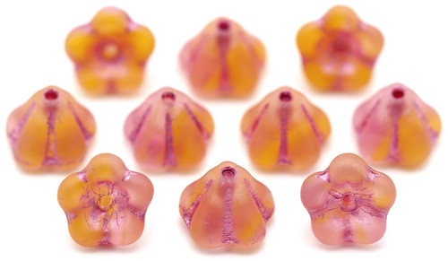 10pc 8x6mm Czech Pressed Glass Bell Flower Beads, Matte Crystal-Goldenrod Swirl/Pink Wash