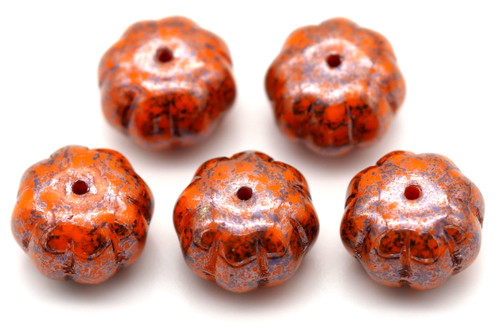 5pc 11x8mm Czech Pressed Glass Fluted Pumpkin Beads, Orange/Blue Luster