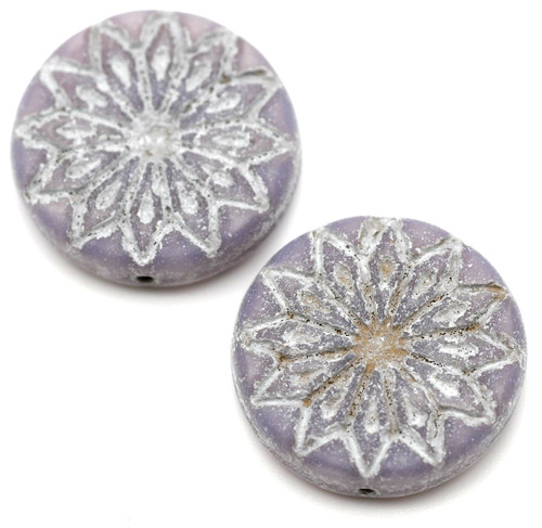 2pc 18mm Czech Pressed Glass Geometric Flower Coin Beads, Matte Lavender Silk/Antique Silver Wash