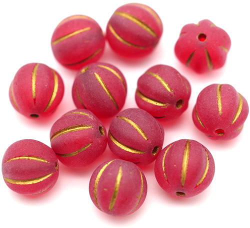 12pc 8mm Czech Pressed Glass Fluted Melon Beads, Matte Ruby Red/Gold Wash