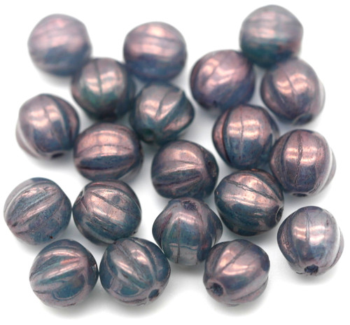 20pc 6mm Czech Pressed Glass Fluted Melon Beads, Blue Swirl/Lila Vega Luster