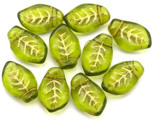 10pc 9x14mm Czech Pressed Glass Top-Drilled Leaf Beads, Olivine/Gold Wash