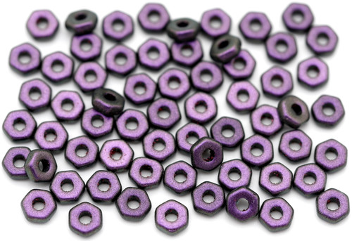 5 Gram Bag (About 50+ Pcs) 5x2mm Czech Pressed Glass Hex Nut Beads, Jet/Polychrome Blackcurrant