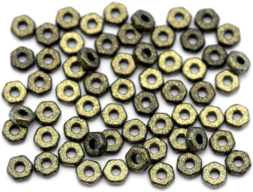 5 Gram Bag (About 50+ Pcs) 5x2mm Czech Pressed Glass Hex Nut Beads, Jet/Polychrome Gold Rush