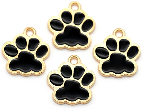 4pc 17x16mm Enameled Paw Print Charms, Black/Gold